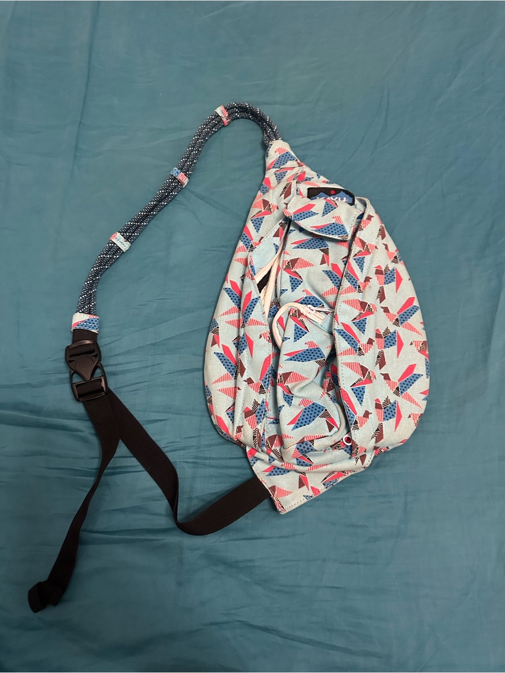 Kavu Mini Patterned Sling Bag in Light Blue, Pink & Navy